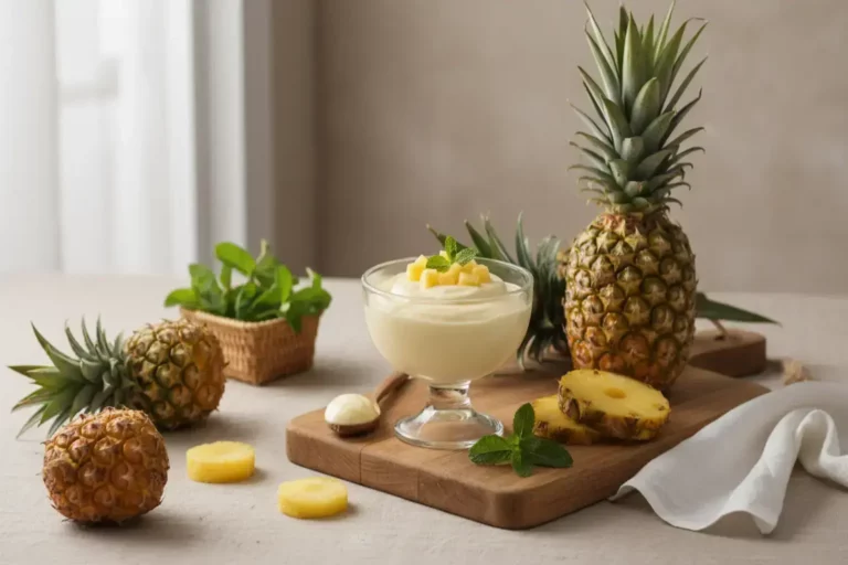 Delicioso mousse de piña en un cuenco transparente, decorado con cubos de piña y hojas verdes de menta, acompañado de piñas frescas y rodajas amarillas sobre una tabla de madera.