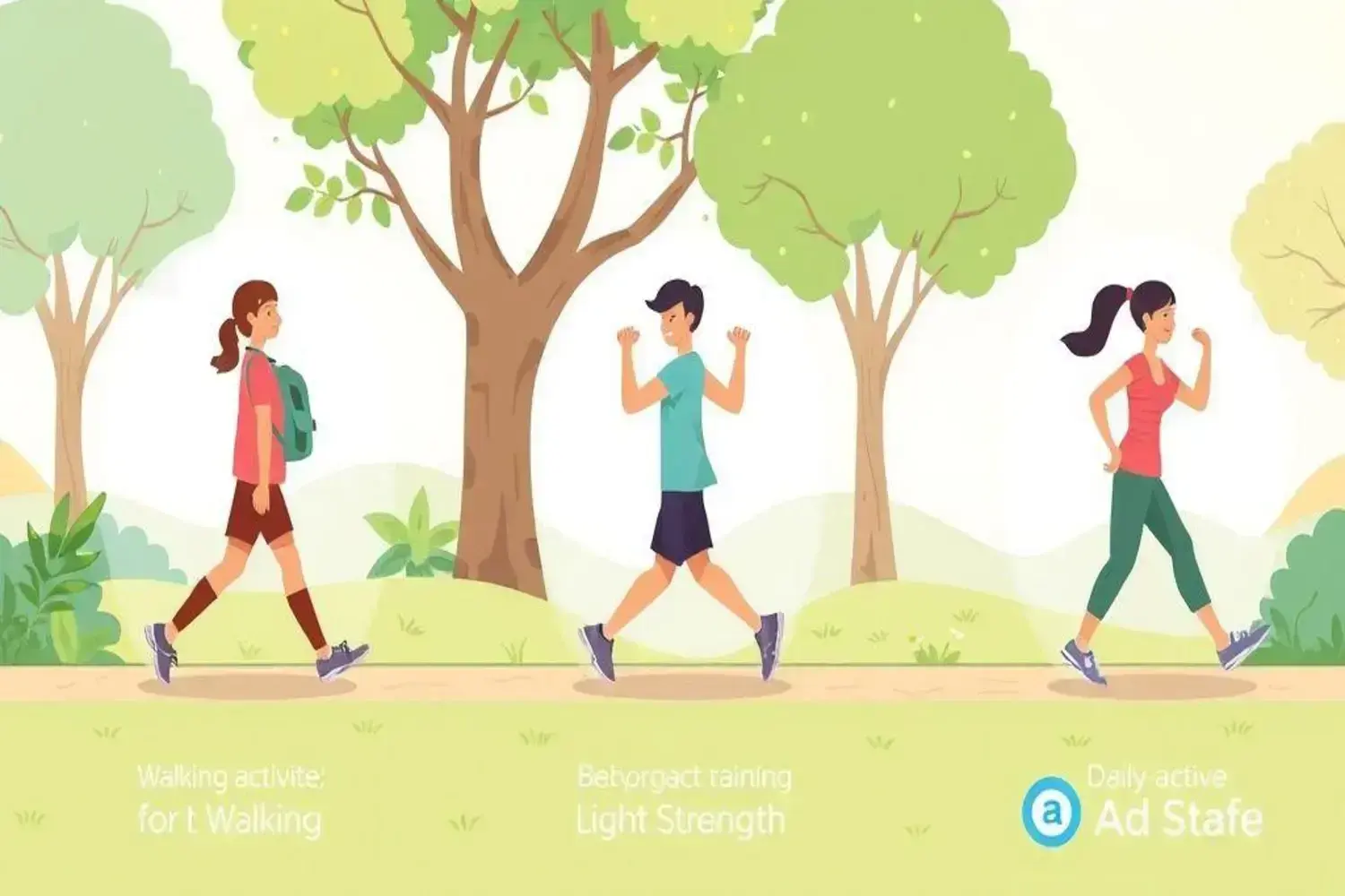 Tres personas activas caminando por un sendero rodeado de árboles verdes y arbustos, promoviendo habitos para bajar de peso.