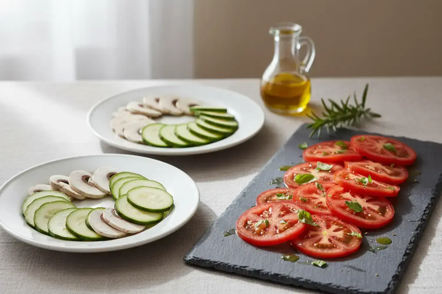 Plato de carpaccio de tomate con rodajas de tomate rojo brillante, rociado con aceite de oliva, hojas verdes de albahaca y sal, sobre una tabla de pizarra.