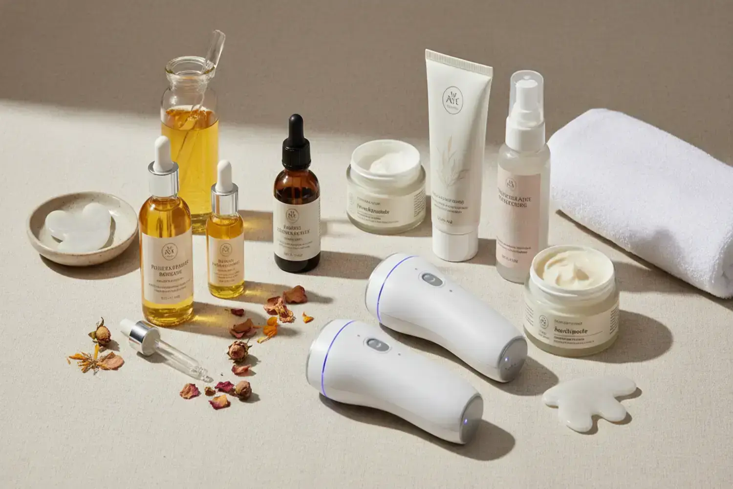 Diversos frascos de aceite y cremas en tonos cálidos sobre una mesa clara, con herramientas de belleza para tratar estrías embarazo, rodeados de pétalos secos.