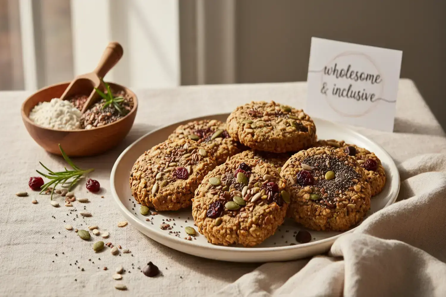 Deliciosas galletas saludables con semillas y arándanos sobre un plato en un ambiente acogedor Galletas saludables colocadas en un plato blanco, con semillas y arándanos sobre una mesa de tela clara, con un bol de ingredientes al fondo.
