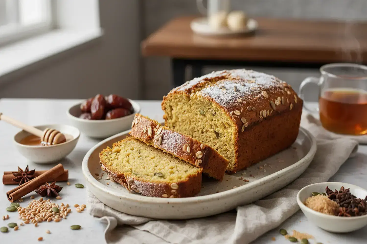 Un con recetas de pan de calabaza delicioso pan de calabaza dorado y esponjoso, cortado en rebanadas sobre un plato rústico. En la mesa, miel, fechas, especias y té caliente.