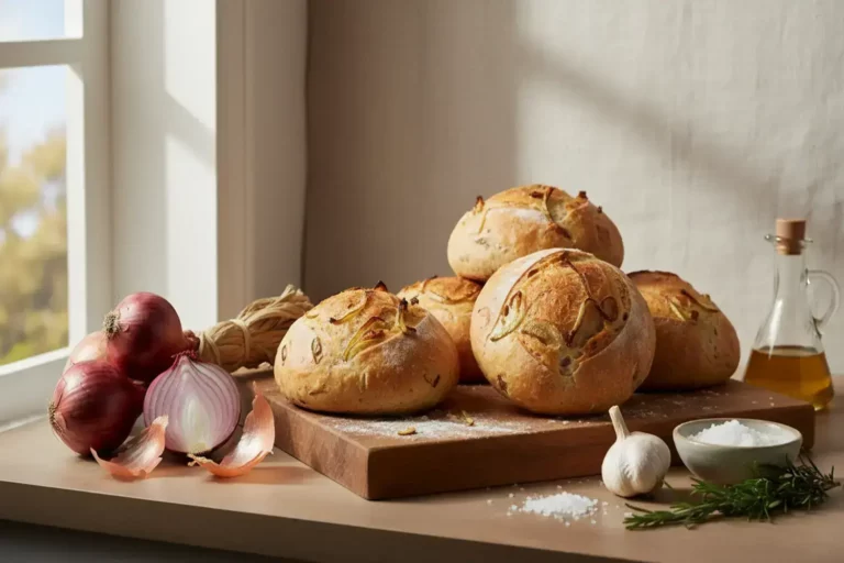 Varias piezas de pan de cebolla doradas y crujientes, acompañadas de cebollas moradas, ajo fresco, sal y hierbas en un ambiente cálido y acogedor.