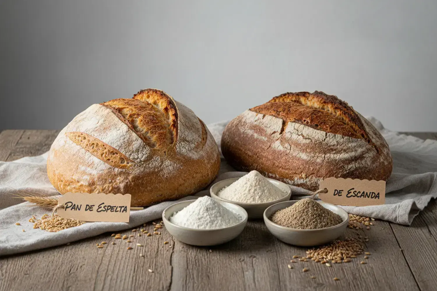 Delicioso pan de espelta junto a harinas en cuencos sobre una mesa de madera Dos panes redondeados sobre una tela clara, uno etiquetado