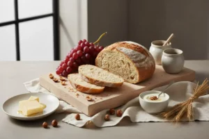Pan de espelta recién horneado con corteza dorada, rebanadas en una tabla de madera, rodeado de uvas moradas y nueces en una servilleta clara.