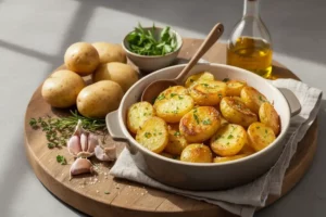 Papas al horno doradas y crujientes en un plato blanco, decoradas con perejil, rodeadas de dientes de ajo y hierbas frescas.