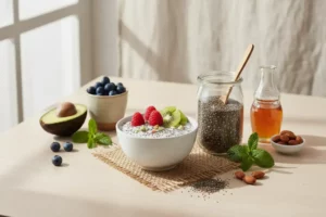 Tazón con beneficios chia blanco con yogur, semillas de chía, fresas rojas, kiwi verde, almendras y hojas de menta, todo sobre un mantel de yute. Frasco de chía al fondo.