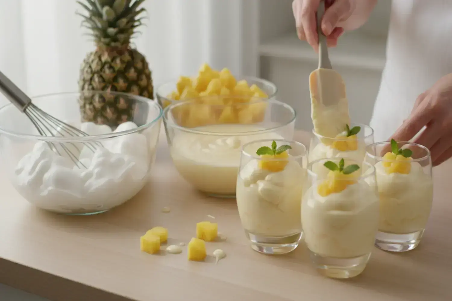 Deliciosa mousse de piña en vasos, decorada con piña fresca y menta Cuatro vasos transparentes con mousse de piña decorados con trozos de piña fresca y hojas verdes. Fondo con piña entera y ingredientes.