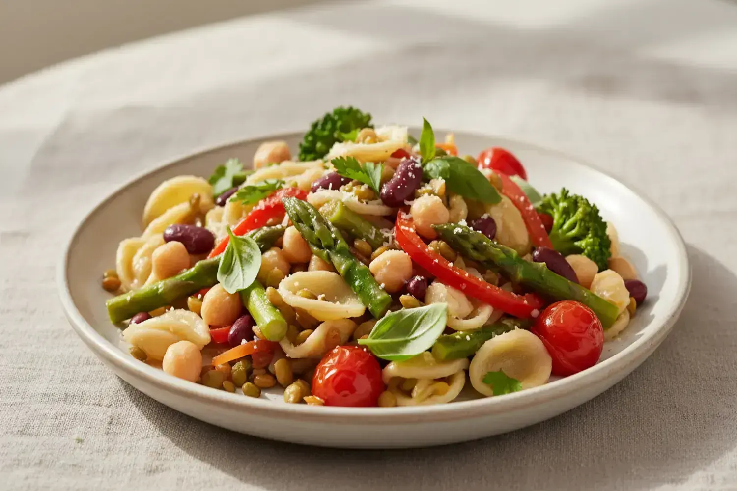 Plato blanco con espagueti saludable mezclado con tomates cherry rojos, espárragos verdes, pimientos rojos y garbanzos, adornado con hierbas frescas.