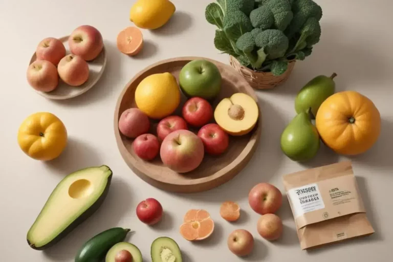 Mesa con variedad de frutas frescas, como manzanas rojas y verdes, limones brillantes y un aguacate cortado, todo en colores vibrantes. Ideal para perder barriga.