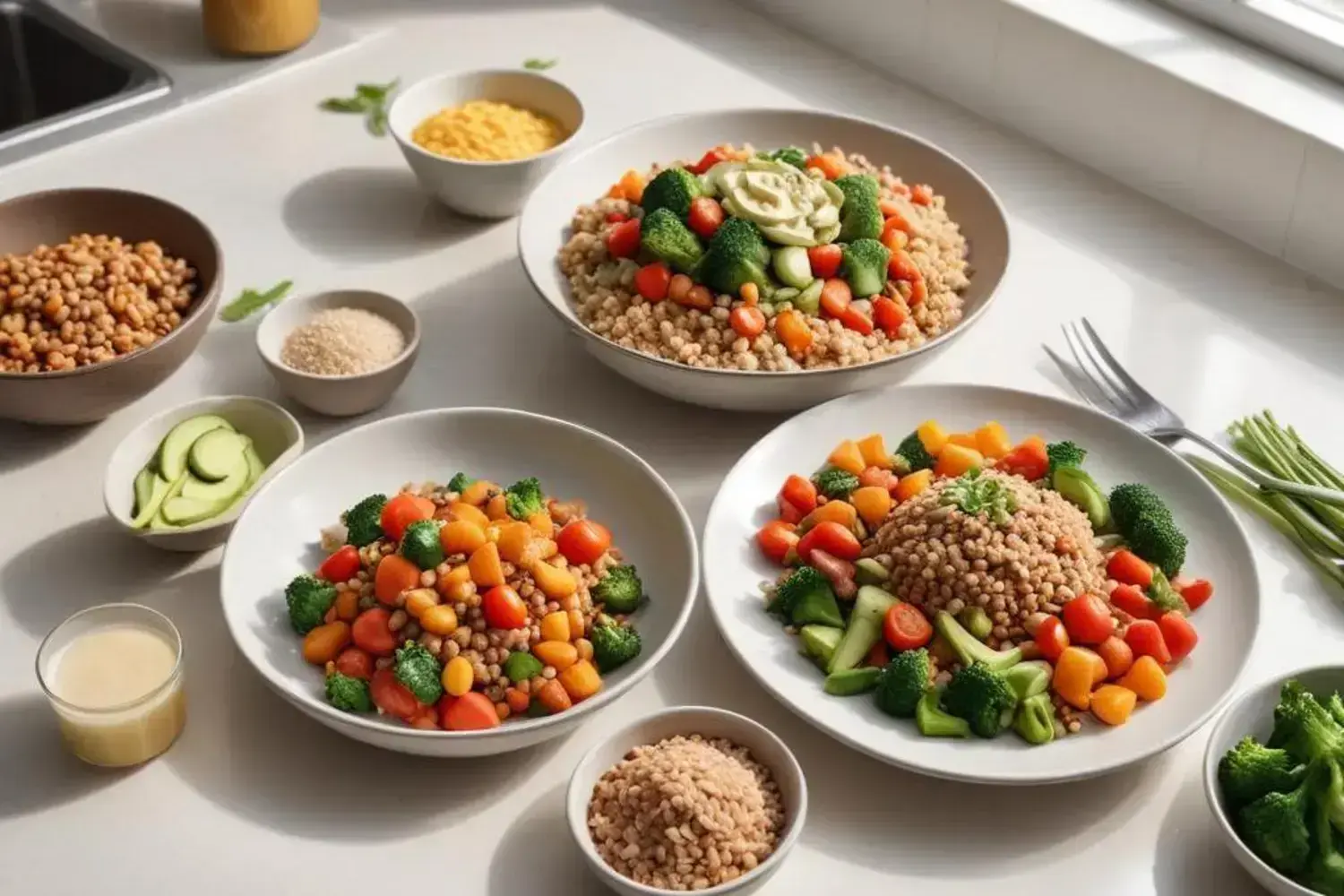 Tres platos de recetas vegetarianas con granos y verduras coloridas: zanahorias, tomates, brócoli y rodajas de calabacín, acompañados de salsas en un fondo iluminado.