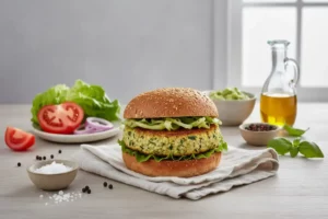 Hamburguesa de calabacín sobre una servilleta clara, acompañada de lechuga verde, rodajas de tomate rojo y cebolla morada, con aceite de oliva en el fondo.
