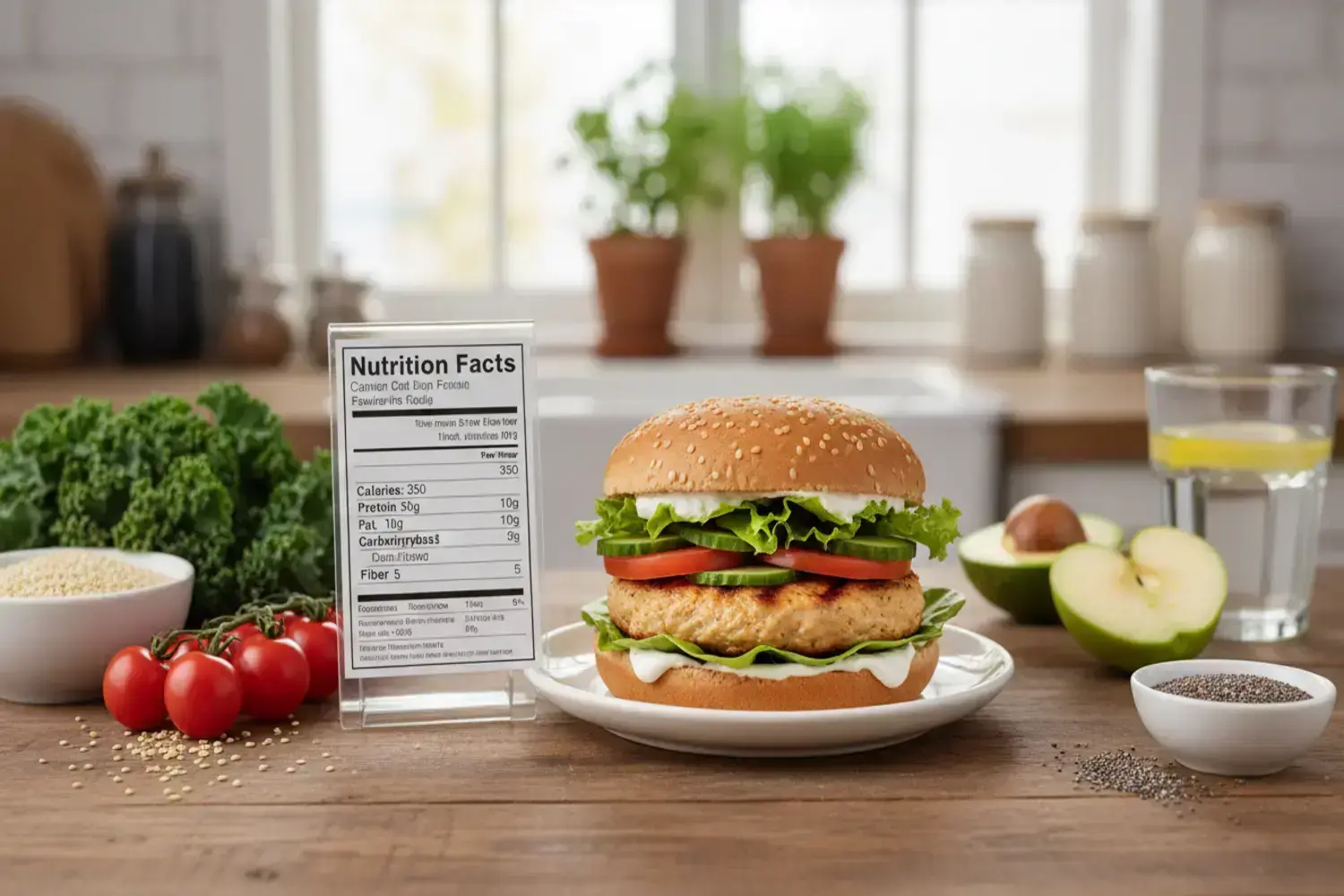 Hamburguesa light con pan sésamo, lechuga fresca, rodajas de tomate y mayonesa, acompañada de ensalada verde y tomate cherry.