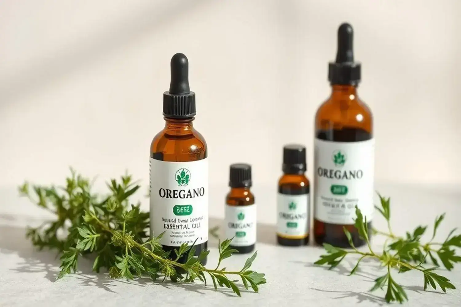 Frascos con aceite de orégano para hongos en las uñas de aceite de orégano en diferentes tamaños, rodeados de hojas frescas verdes, sobre una superficie clara, resaltando su textura y color.