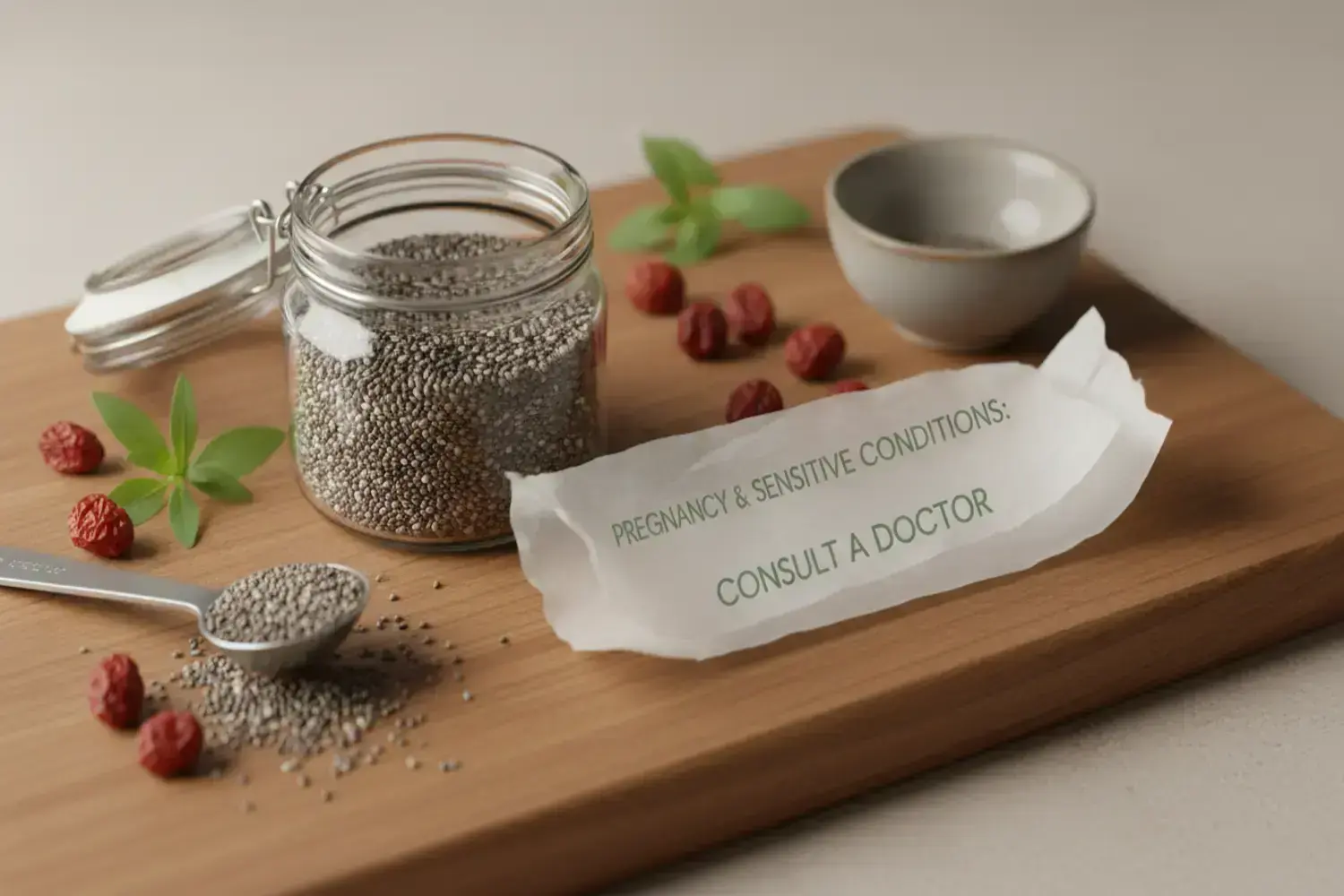 Frasco de vidrio lleno de semillas de chía, cucharada con semillas derramándose en una tabla de madera, pequeñas bayas rojas y hojas verdes cerca, advertencia en papel blanco inclusivo sobre beneficio
