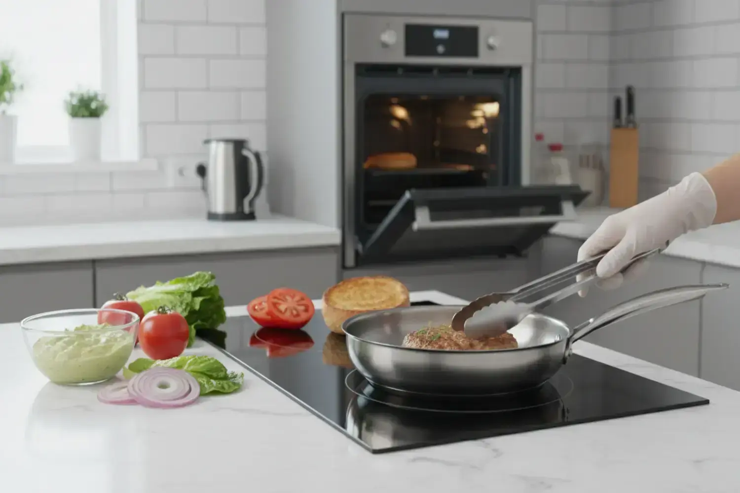 Mano con guante blanco utilizando pinzas de acero inoxidable para voltear una hamburguesa light en una sartén brillante, rodeada de vegetales frescos y una encimera de mármol.
