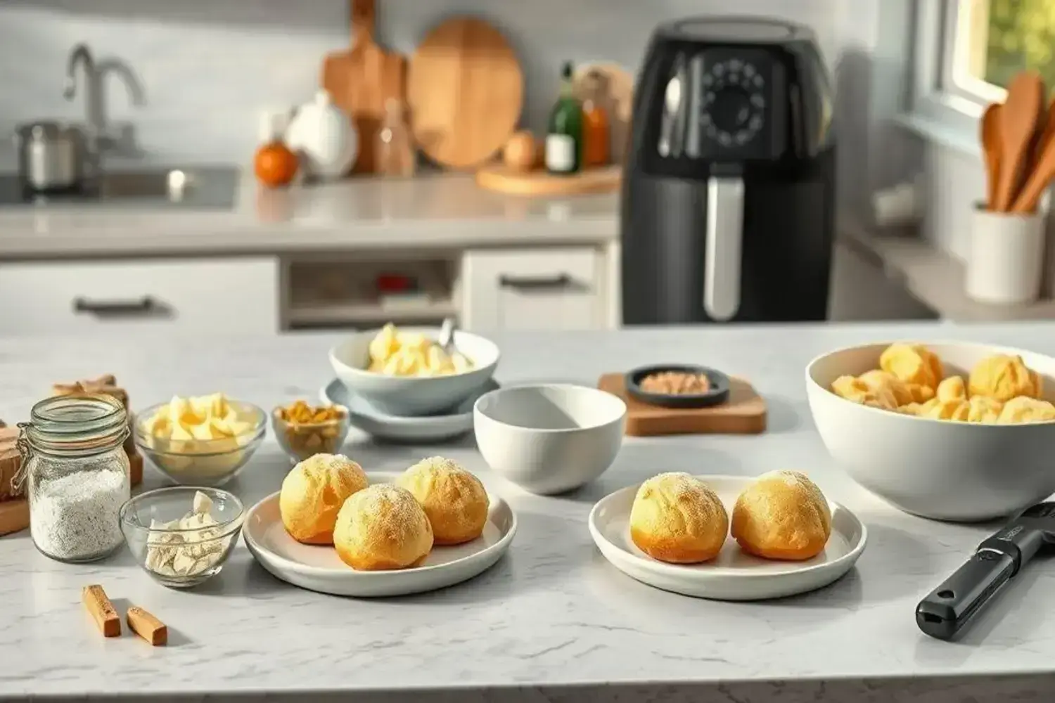 Deliciosas bolitas de papas rellenas de queso en una cocina moderna, con ingredientes frescos Mesa de cocina con bolitas de papas rellenas de queso doradas en platos blancos, rodeadas de ingredientes como mantequilla y harina en frascos de vidrio.
