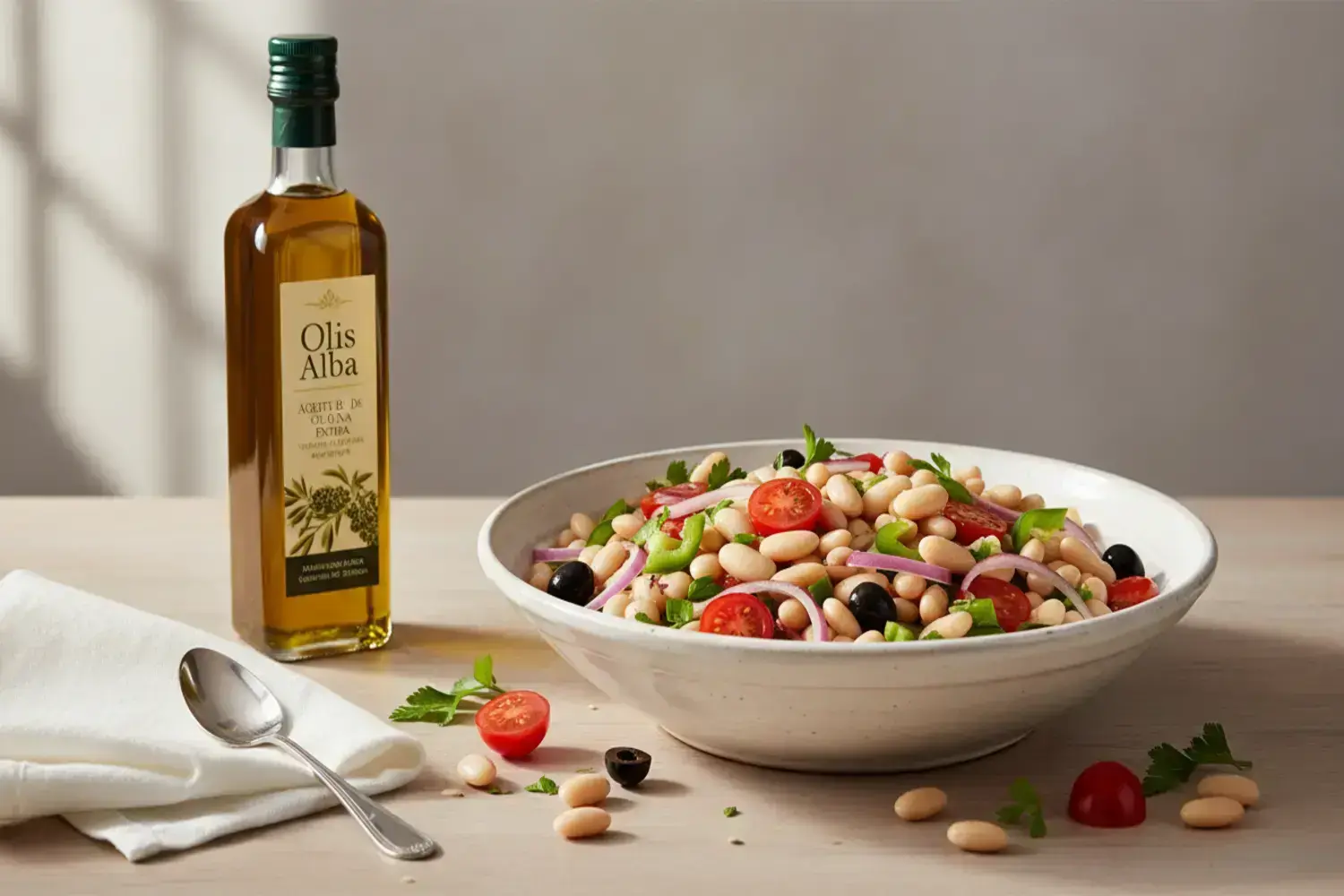 Deliciosa ensalada de alubias blancas con tomates y hierbas frescas Ensalada de alubias blancas en tazón blanco, decorada con rodajas de tomate rojo, cebolla morada y perejil fresco sobre una mesa de madera clara.