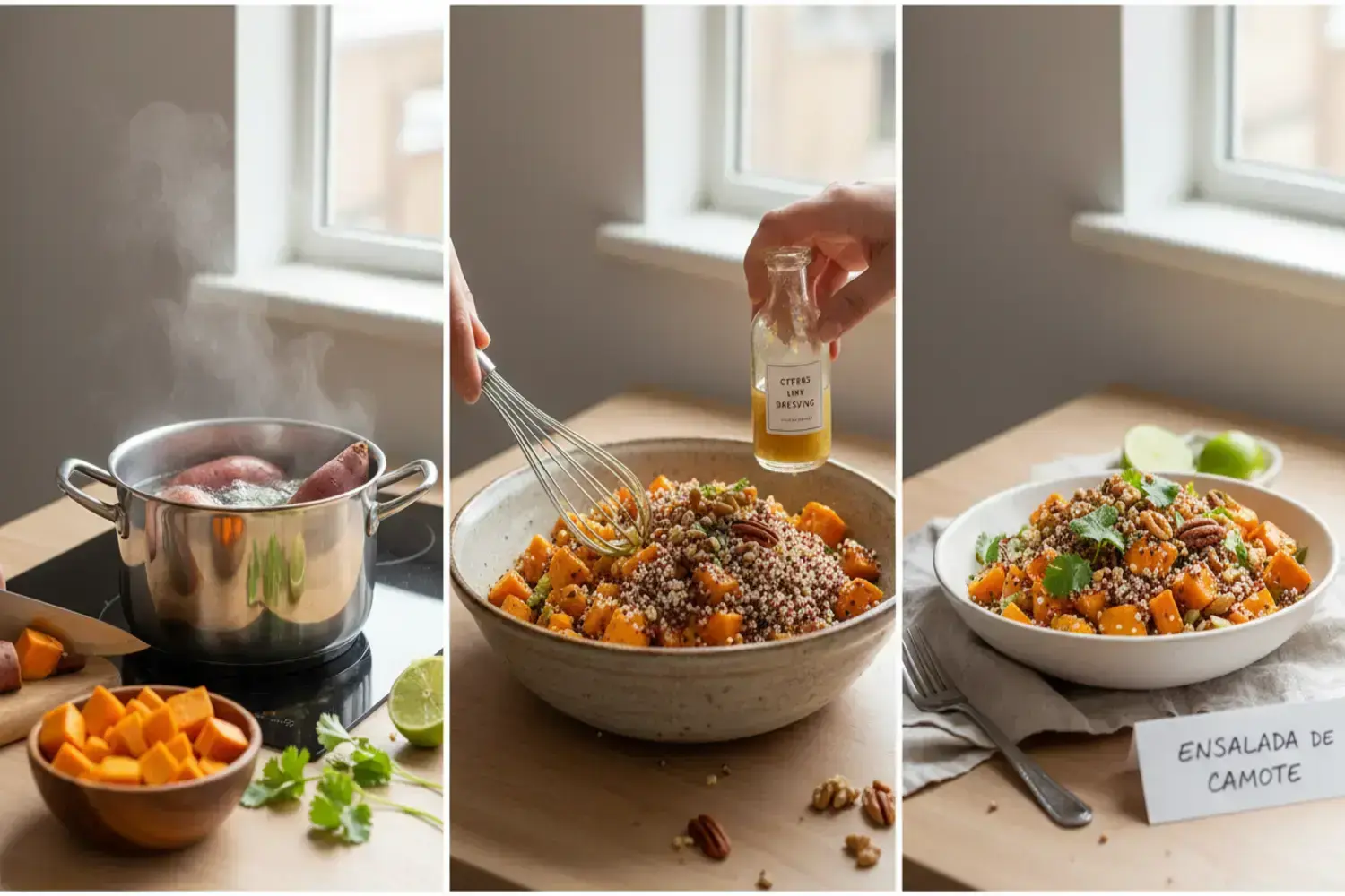Ensalada de camote colorida con trozos naranjas de camote, granos de quinoa, nueces y hojas verdes de cilantro en un tazón texturizado.