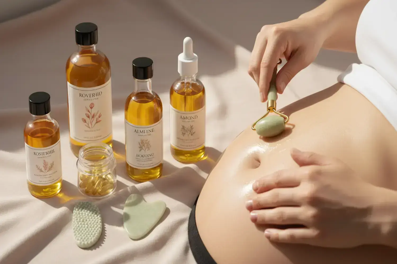 Mujer con estrías embarazo aplicando aceite en su abdomen con un rodillo de jade, rodeada de botellas de aceite y cápsulas, resaltando cuidados para estrías de embarazo.