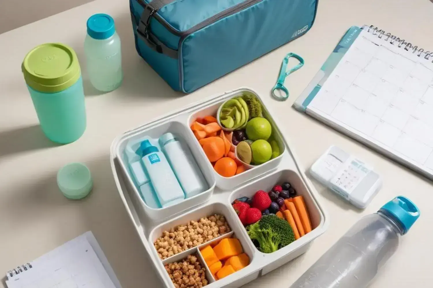 Bandeja con consejos para bajar de peso con compartimentos repleta de frutas y verduras frescas, incluyendo fresas rojas, zanahorias naranjas, y manzanas verdes. Utensilios en tonos azules y verde cla