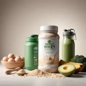 Frasco de proteína de suero de leche en el centro, rodeado de huevos marrones en un tazón, envases verdes y frutas frescas como aguacate y plátano.