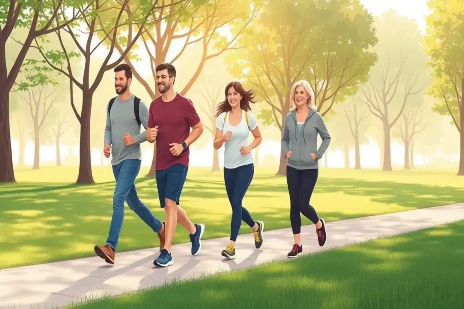 Explora los beneficios de caminar con este grupo disfrutando de la naturaleza en un hermoso parque Grupo de cuatro personas caminando por un sendero claro, rodeados de árboles verdes, disfrutando de los beneficios de caminar en un día soleado.