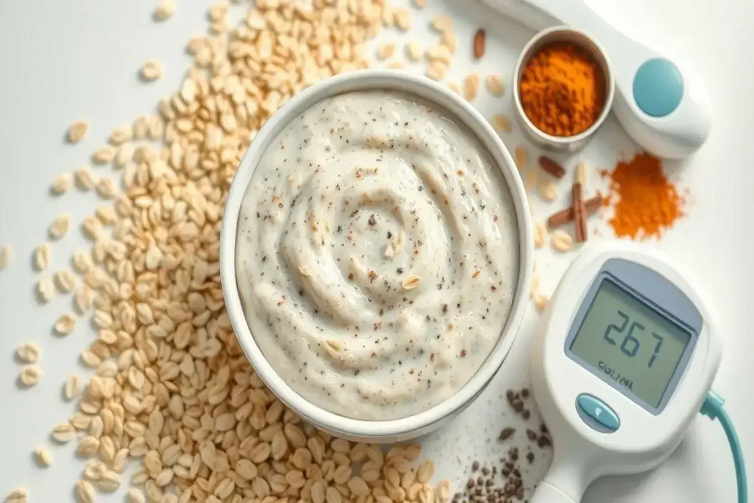 Tazón blanco con gachas de avena cremosas y espolvoreadas con canela, rodeado de avena, especias y un dispositivo de medición.