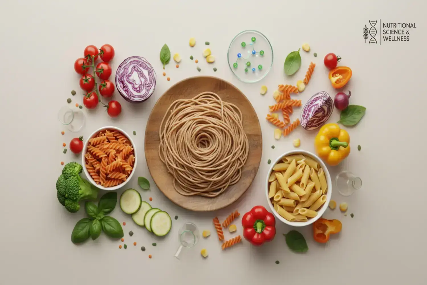 Plato de espagueti saludable de trigo integral en una base de madera, rodeado de vegetales frescos como tomates cherry rojos, pimientos amarillos y morrones, y pasta en varios colores.