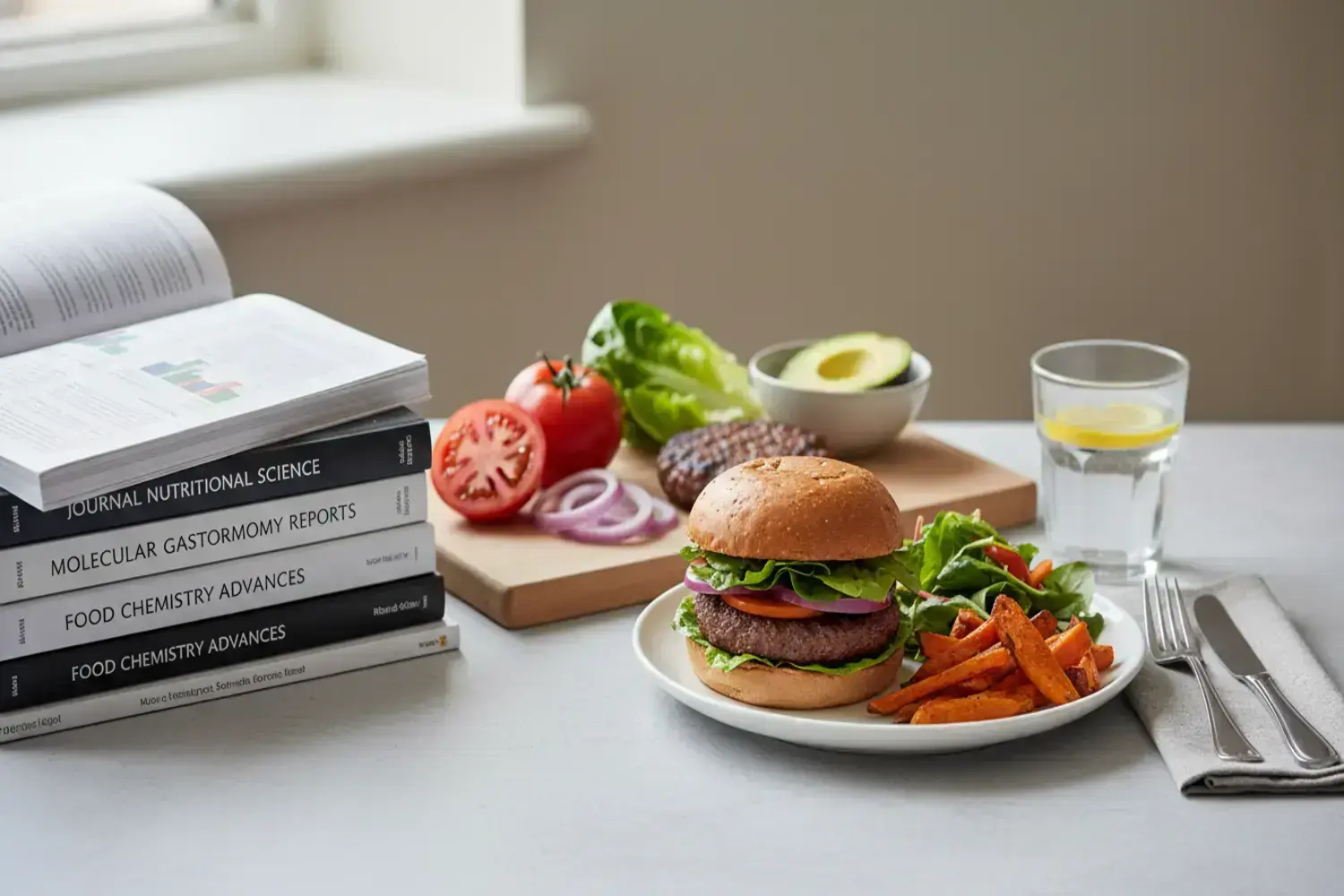 Deliciosa hamburguesa de vegetales en un plato blanco, acompañada de batatas fritas doradas, lechuga fresca, cebolla morada y rodajas de tomate, con un vaso de agua con limón.