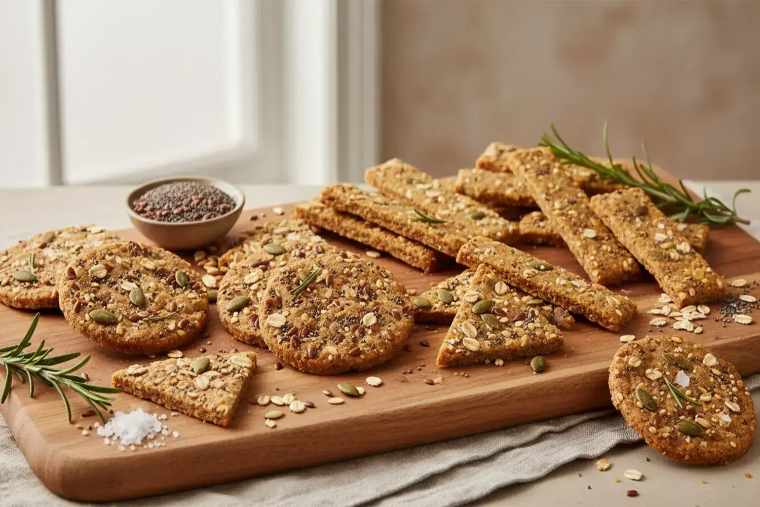 Deliciosas galletas saladas saludables con avena y semillas en una tabla de madera Galletas saladas saludables de colores dorados con semillas y avena sobre una tabla de madera, junto a un bol con semillas de chía.