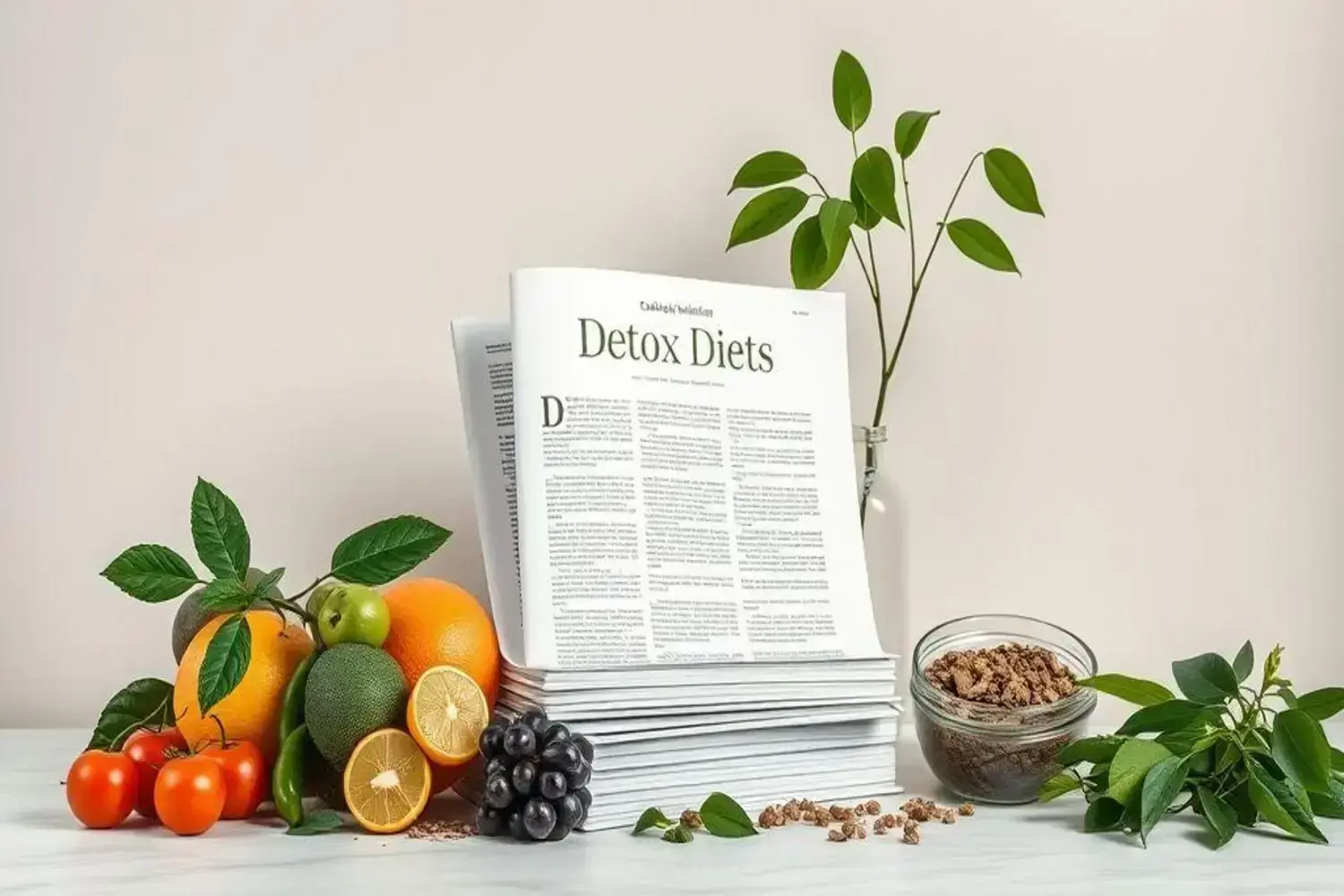 Conjunto de frutas coloridas como tomates rojos, naranjas y limones, junto a un libro abierto sobre dieta desintoxicante y hojas verdes.