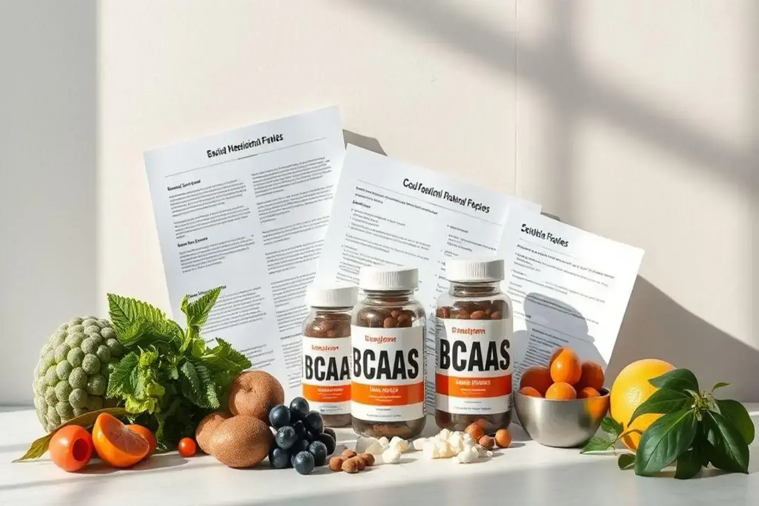 Frascos de BCAAS destacados junto a frutas y hojas frescas para mejorar tu bienestar Tres frascos de BCAAS en tonos blancos y naranjas, rodeados de frutas coloridas y hojas verdes frescas sobre una mesa clara