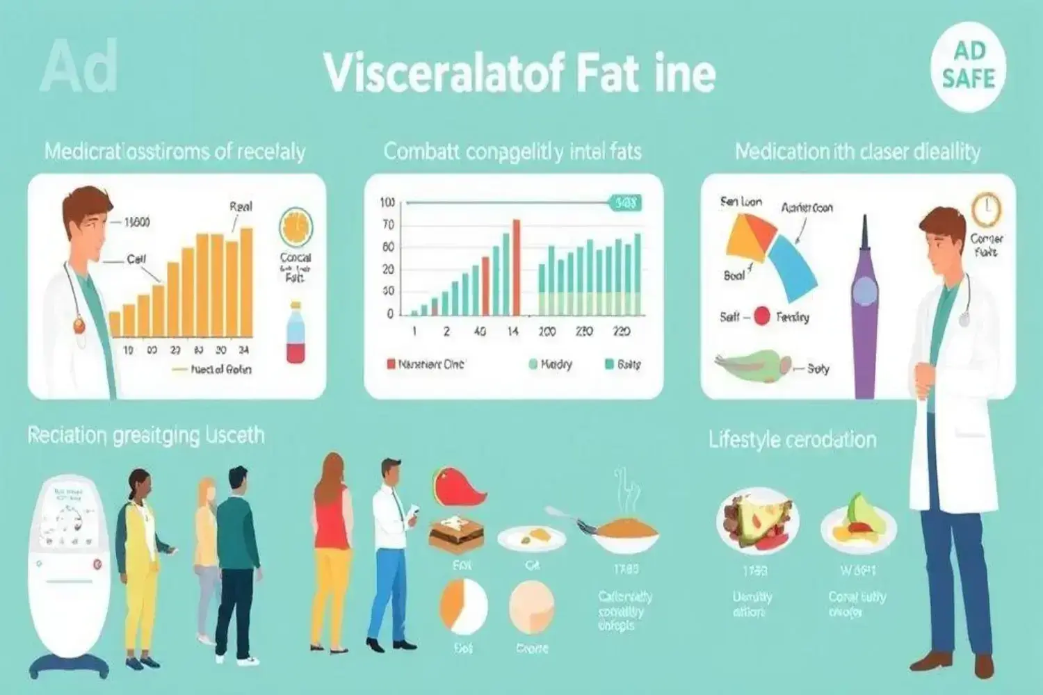Gráficos coloridos sobre grasa visceral, médicos de pie, mostrando datos en un fondo azul claro con diferentes alimentos y estilos de vida.