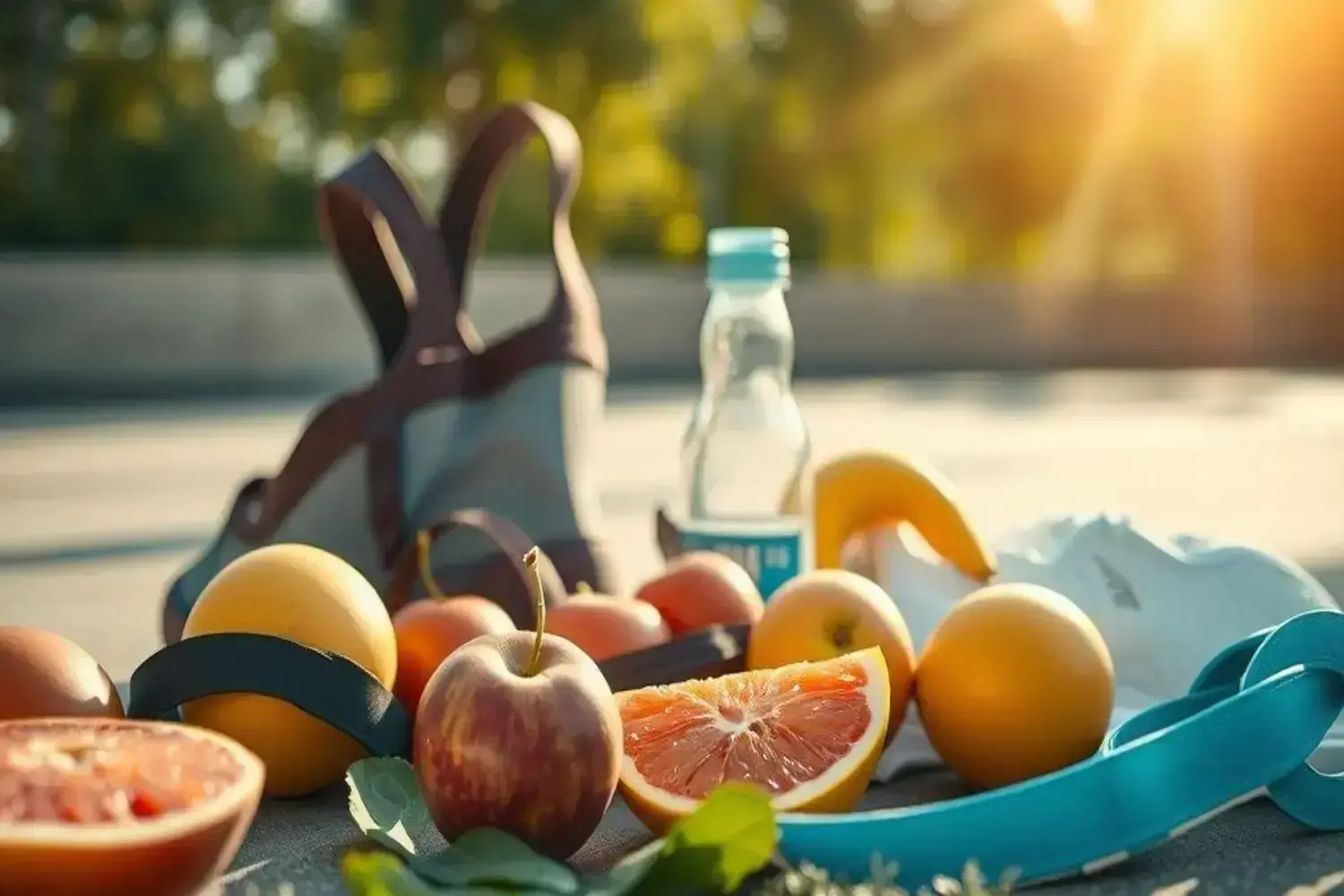 Un par de zapatillas deportivas en tonos negro y gris, rodeadas de frutas frescas como naranjas, manzanas y una botella de agua, sobre una superficie gris. Ejercicios para mantenerse en forma.