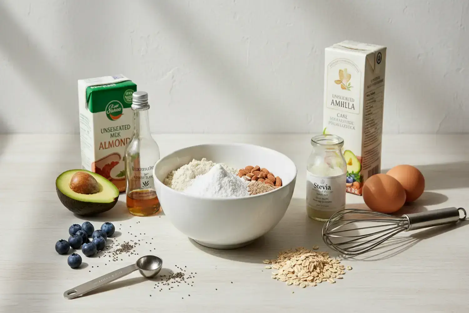 Ingredientes para bizcocho sin azucar, incluyendo harina blanca, almendras, huevos, y una paleta de colores en tonos verdes y marrones