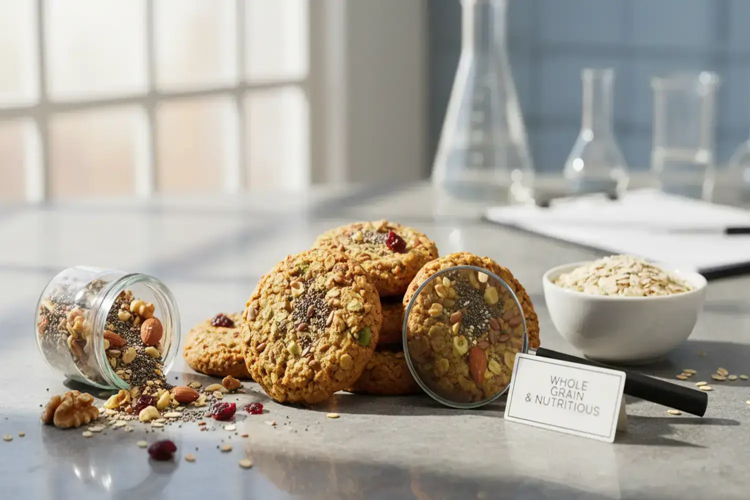 Galletas saludables con ingredientes nutritivos, frasco y avena en una mesa bien iluminada Galletas saludables doradas con semillas y frutos secos, junto a un frasco volcado con ingredientes, sobre una mesa clara iluminada.