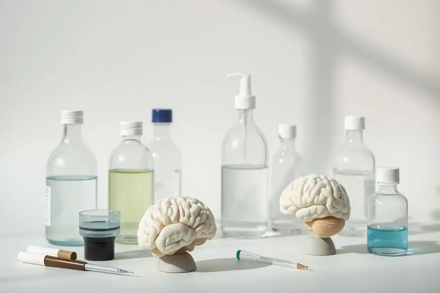 Dos modelos de cerebro de color blanco en bases grises, rodeados por botellas de vidrio transparente y azul, junto a marcadores y una jeringa, simbolizando ejercicio para el cerebro.