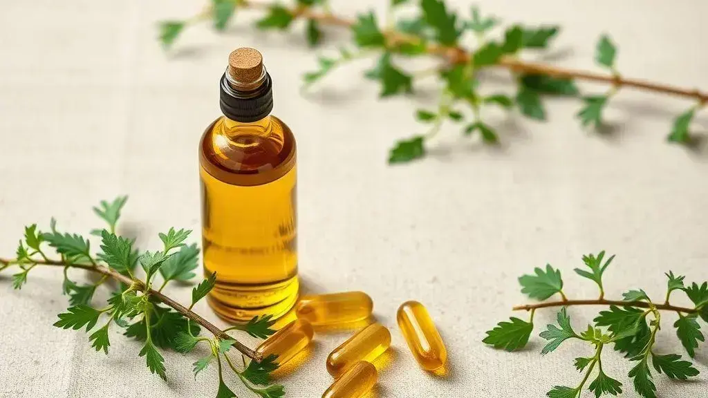 Botella de aceite de orégano tomado de color ámbar, con tapón negro, rodeada de cápsulas doradas y hojas verdes frescas sobre una superficie clara.