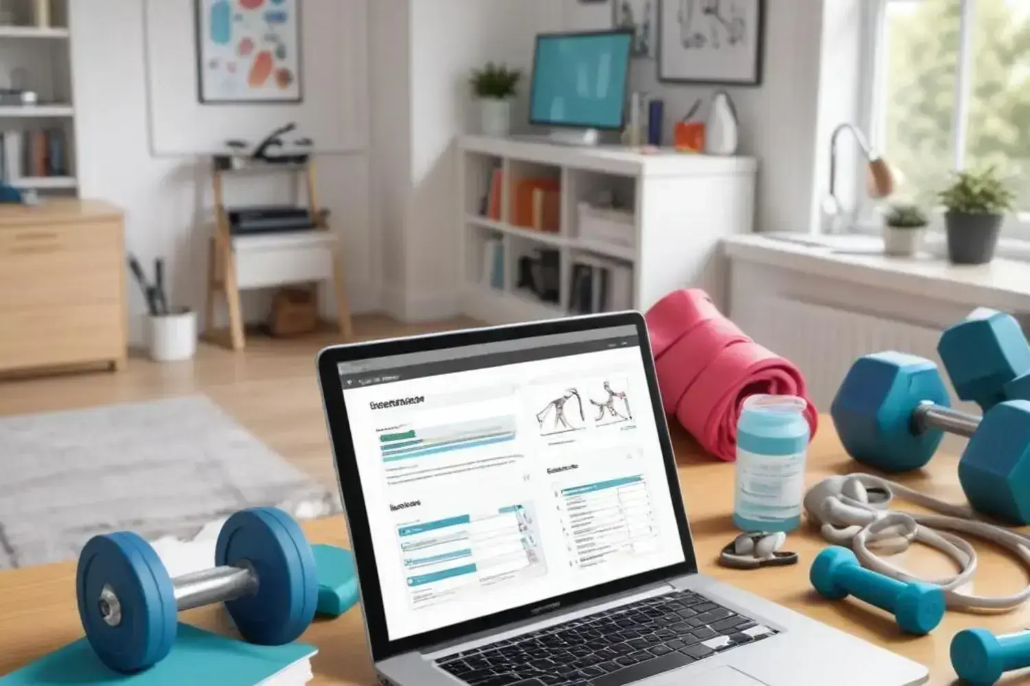 Mesa de trabajo en un gimnasio en casa con un portátil, pesas azules, cintas de ejercicio rosadas y botellas de agua, todo iluminado por luz natural.