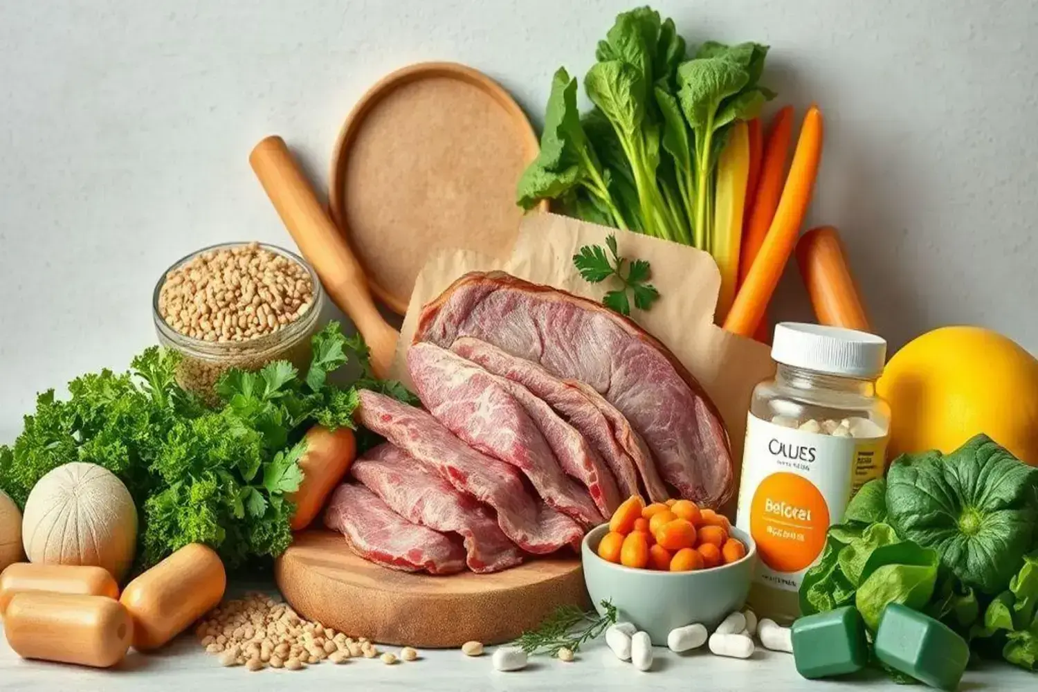 Variedad de ingredientes frescos como carne magra, zanahorias naranjas, semillas, y espinacas verdes en una mesa, ideal para una dieta para ganar masa muscular.