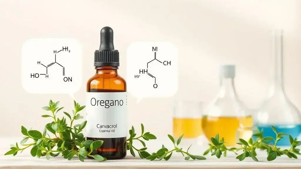 Frasco de vidrio con gotero que contiene aceite de orégano, rodeado de hojas verdes frescas y fórmulas químicas en un fondo claro, ideal para aplicarse aceite de orégano en el ombligo.