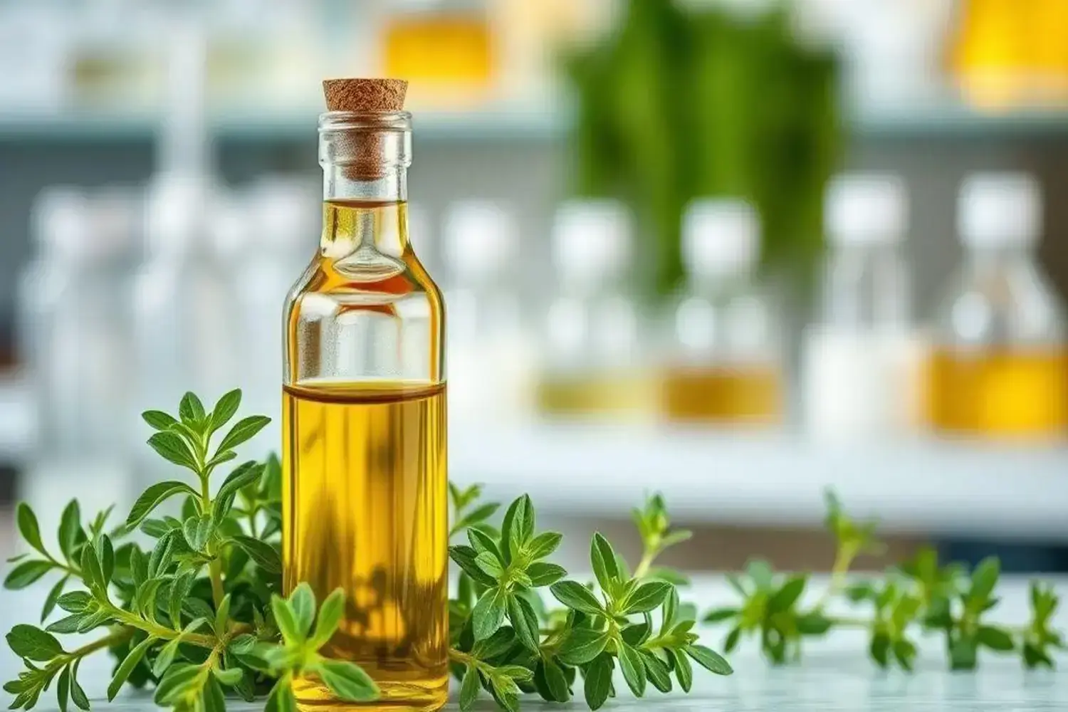 Frasco de vidrio con aceite de orégano para hongos en las uñas, rodeado de hojas verdes frescas de orégano, con fondo desenfocado de botellas herméticas.