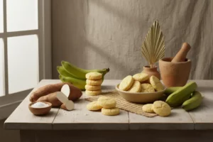 Galleta de yuca dorada y esponjosa en un plato, rodeada de plátanos verdes y batatas en una mesa de madera clara.