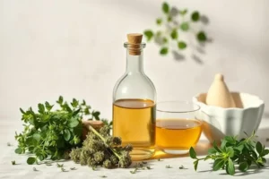 Frasco con aceite de oregano para que sirve de vidrio transparente con aceite de orégano, acompañada de hojas frescas de orégano verde y un vaso ovalado con líquido dorado, sobre fondo claro.