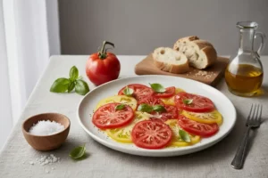 Plato de carpaccio de tomate con rodajas rojas y amarillas, hojas de albahaca fresca, sal en cuenco de madera y tomate rojo al lado.