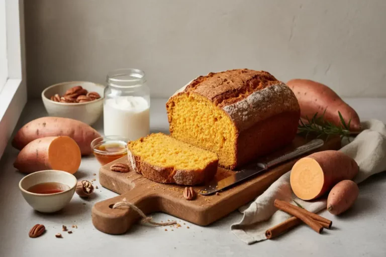 Un delicioso pan de mané de patata dulce en una tabla de madera con corteza dorada, rodajas de boniato, nueces y canela de fondo.