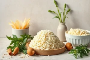 Montículo con recetas arroz salvaje de arroz blanco salvaje sobre una tabla de madera, rodeado de zanahorias pequeñas y hojas verdes frescas, con un fondo claro.