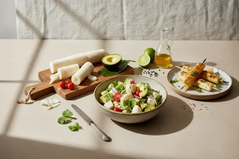 Ensalada con palmito recetas colorida con palmito, tomates cherry, aguacate y cilantro en un plato claro, junto a palmitos asados y aceite en frasco, sobre mesa clara.