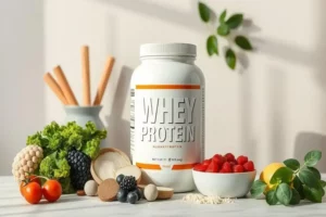 Frasco con whey protein comprar blanco de proteína de suero llamado 'WHEY PROTEIN' rodeado de vegetales frescos, frutas rojas y polvo blanco, con fondo claro y hojas verdes